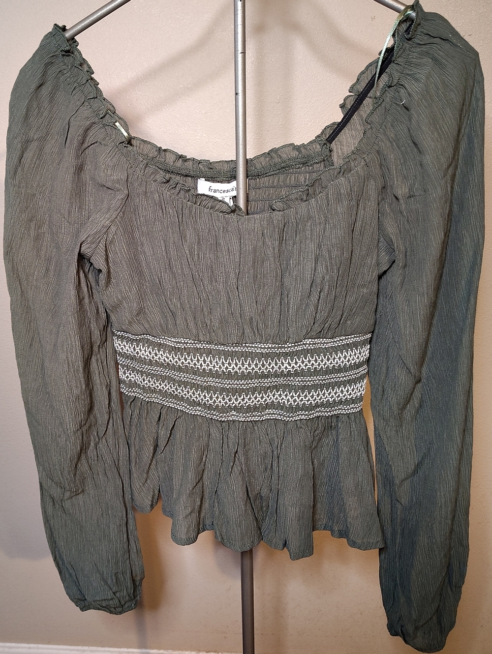 Francesca's Collections Olive Green Smocked Peasant Top